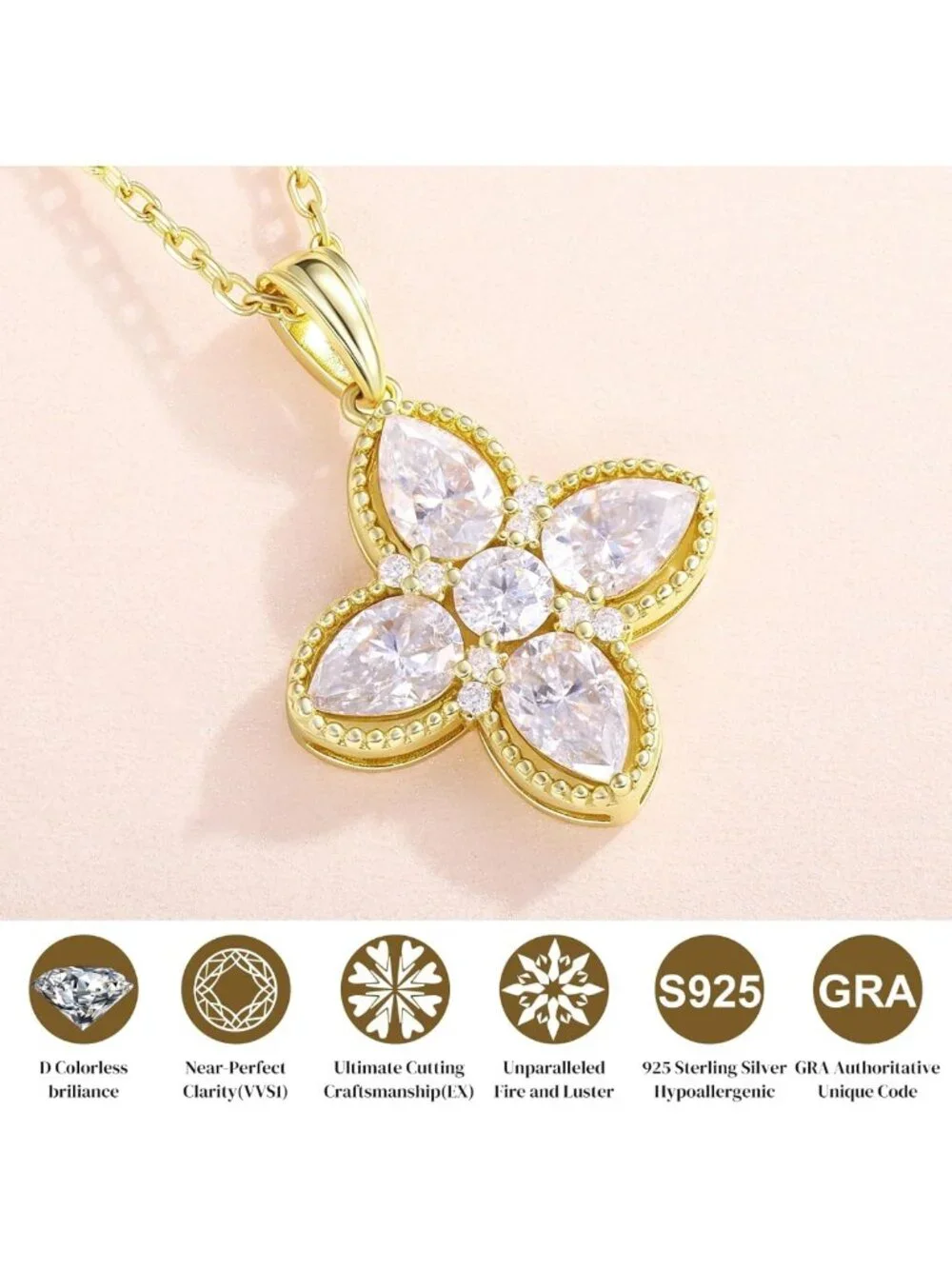 Dainty Moissanite Four-Leaf Clover Necklace | 925 Sterling Silver & Gold